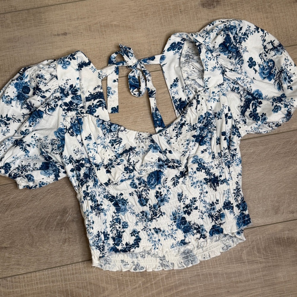 ASOS White & Blue Floral Eyelet Crop Top
